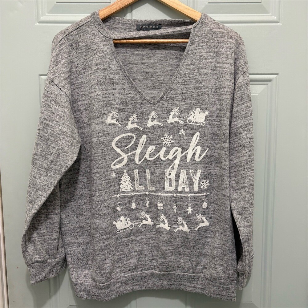 West Coast Love Sweatshirt Womens XL Heather Gray V-Neck Pullover Sleigh